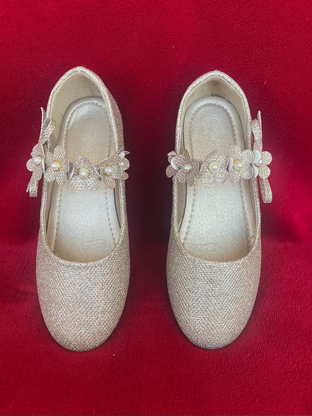 Pandaninjia Girl's Sparkle Gold Floral Pearl Strap Flower Girl Flat Shoes Sz: 2